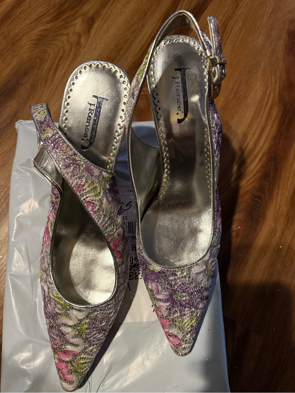 J.Renee Floral Pointed Slingback Heels in Pink, Purple and Silver